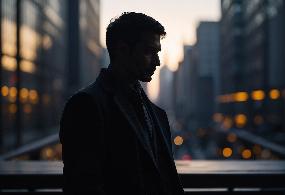 A shadowy figure looms over a city, its gaze piercing through buildings and into private spaces, symbolizing the invasive nature of AI tracking technologies