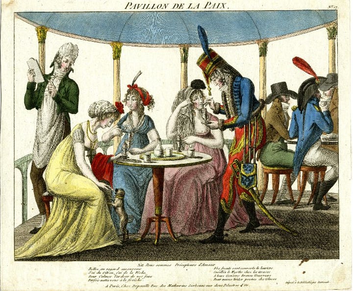 1. 18th Century Elites eating Ice  2. A waiter in a pavilion takes orders from three fashionable ladies who are seated eating ice cream, one being fed by a soldier in uniform. ‘Pavillon de la Paix’, France c.1801 