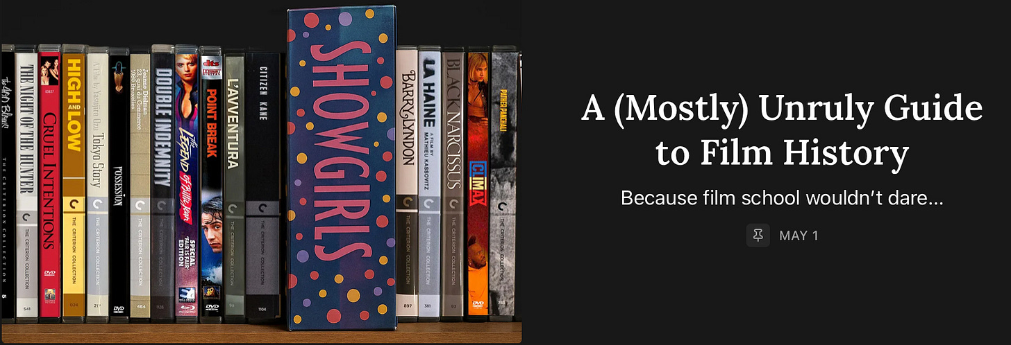 Preview of an article "A (Mostly) Unruly Guide to Film History" showing a shelf row of random DVDs dominated by an absurdist box set of Showgirls.