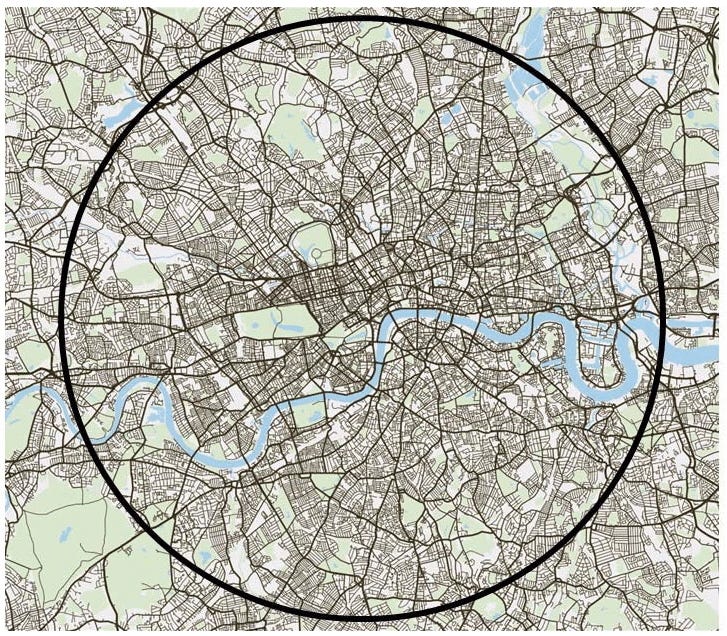 A detailed street map of central London with a thick black circle overlaying the city, encompassing the River Thames and surrounding neighborhoods. A detailed street map of central London with a thick black circle overlaying the city, encompassing the River Thames and surrounding neighborhoods.