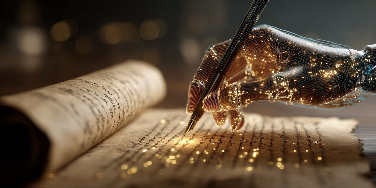 A glowing A hand with embedded circuits writes carefully on ancient parchment, symbolizing ethical authorship through technology.