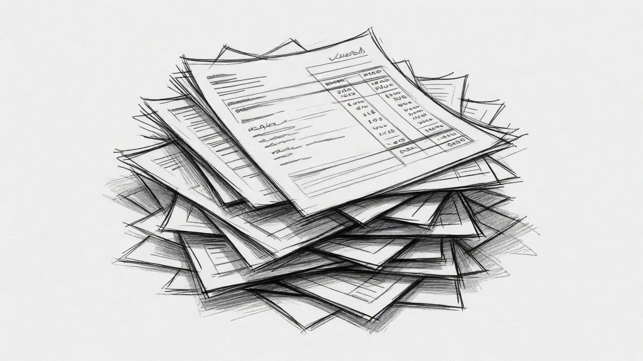 Generate me a image: white background, a drawn/sketched a pile of accounting statements Generate me a image: white background, a drawn/sketched a pile of accounting statements