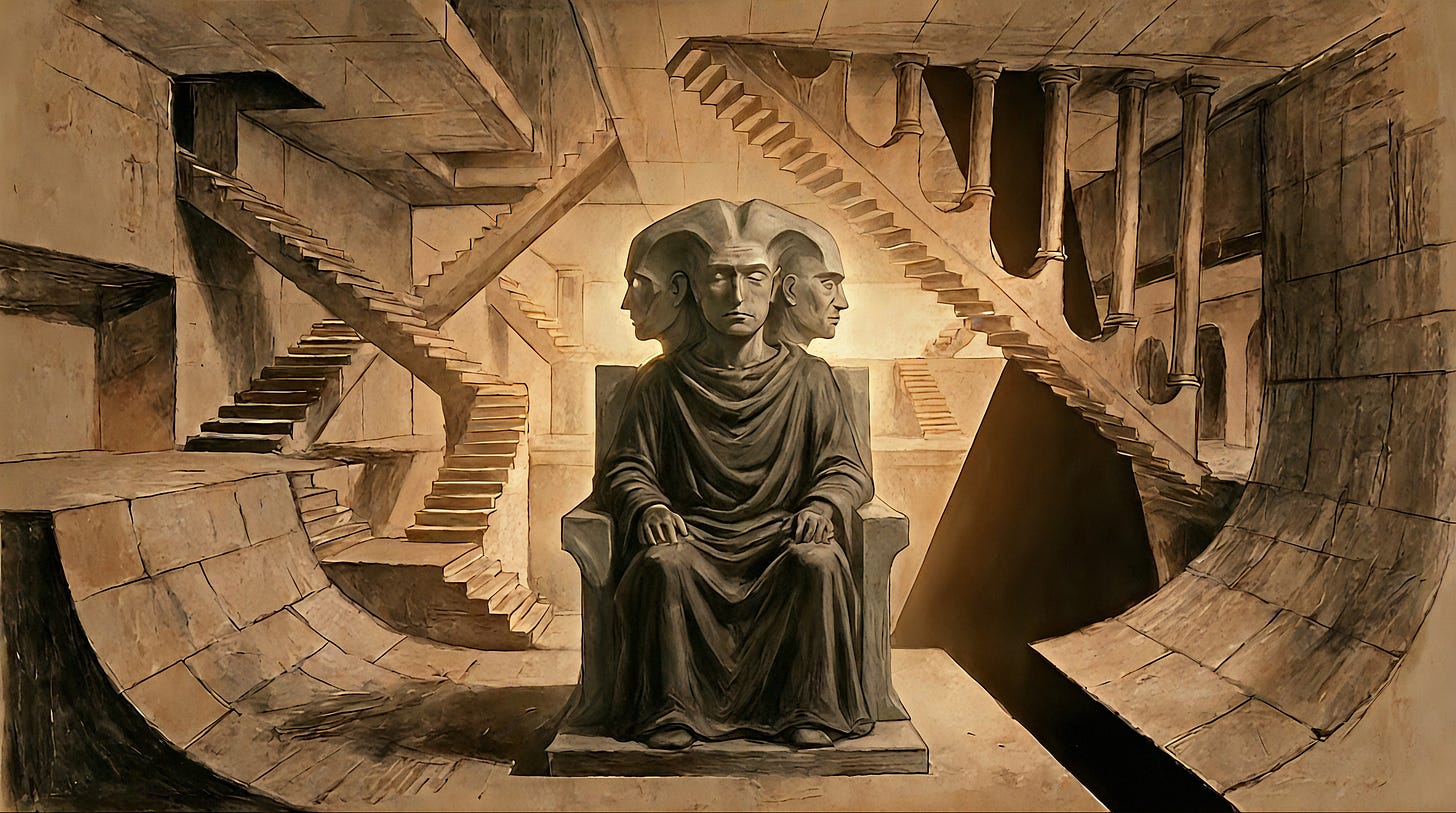 One crowned maker sits alone on a throne in an impossible chamber whose stairs and planes contradict each other. His single head bears four faces looking four ways. A formless dark intrudes from every side. Warm-amber charcoal.