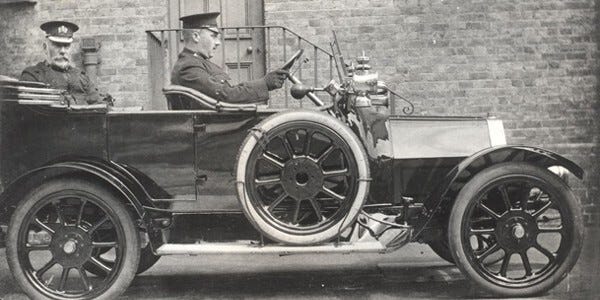 1917: Superintendent Fulcher drives first Essex Police car, a Belsize as part of a 12 month trial in Braintree.