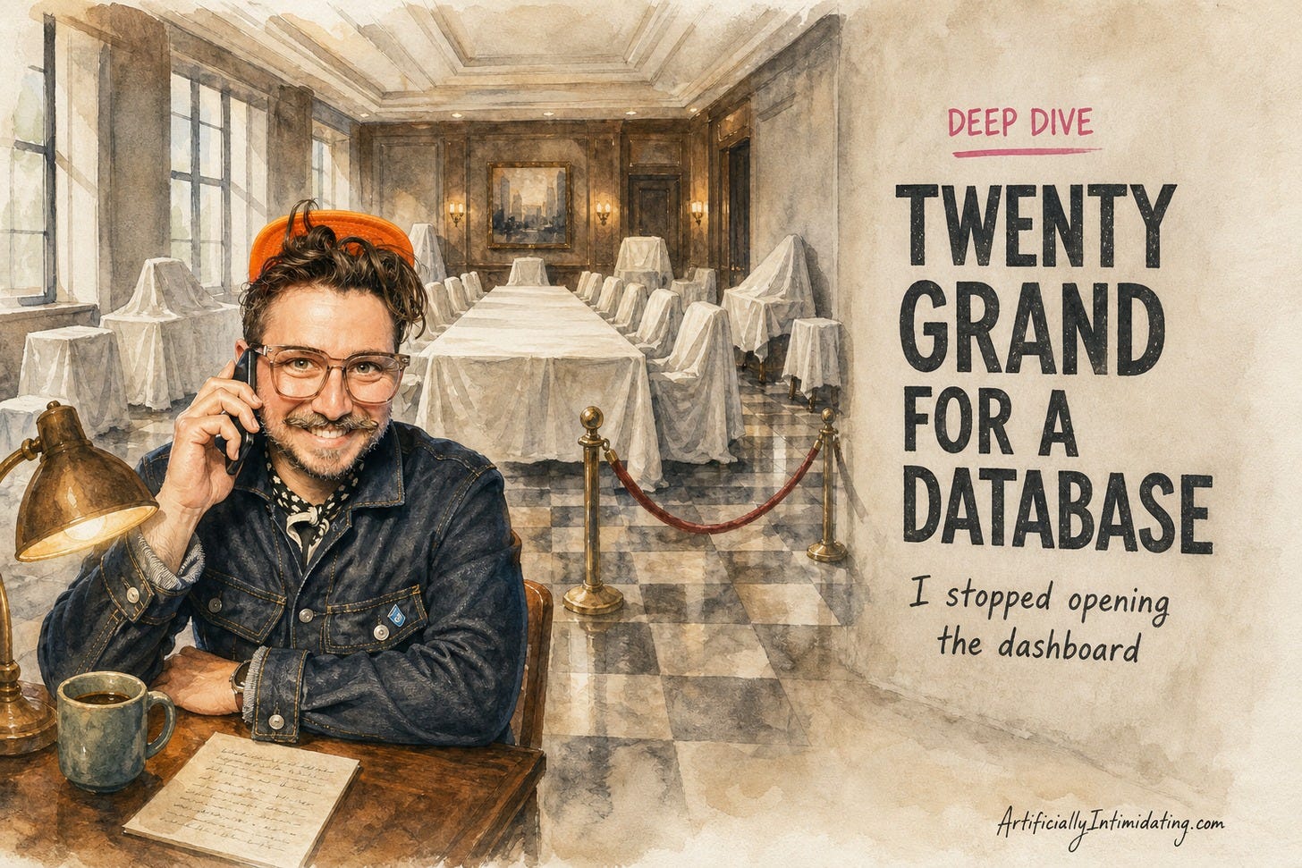 A watercolor of a grand corporate boardroom with every chair and table draped in white dust sheets and a velvet rope across an unused aisle, while in the lower left a bearded man in glasses and an orange cap sits at a small wooden card table under one warm lamp, talking on his phone.