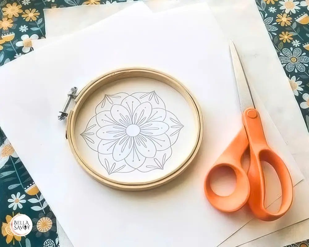 supplies to transfer pattern with a home printer: scissors, hoop, pattern, stickers, and fabric