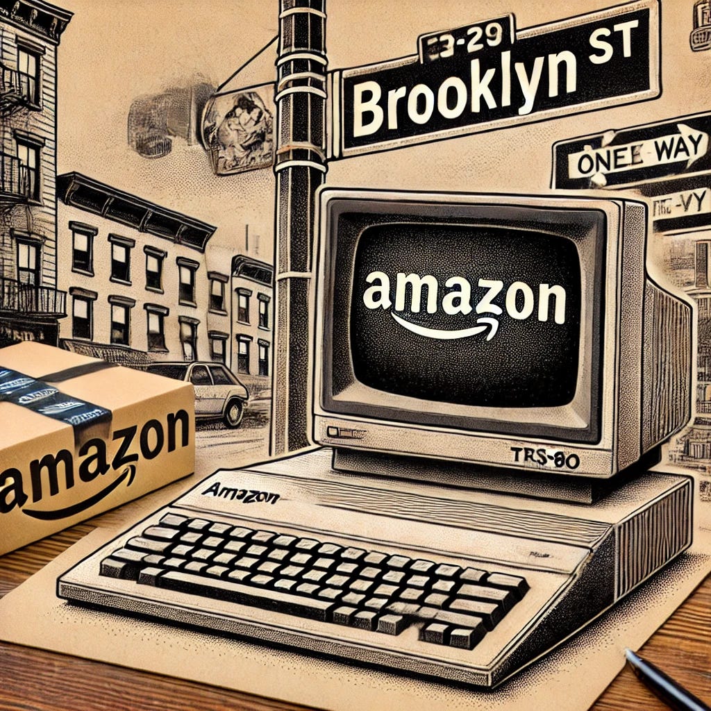 A detailed illustration featuring a vintage TRS-80 computer placed on a table with a Brooklyn street sign in the background. The Amazon logo is subtly incorporated into the scene, perhaps as a reflection on the computer screen or a sticker on the table. The setting has a nostalgic yet modern feel, blending retro technology with contemporary branding.