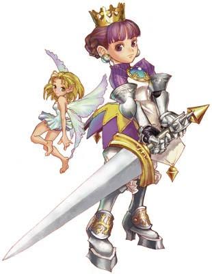 Character art for Gradriel, fully armored and with her massive sword, with her fairy familiar on her left.