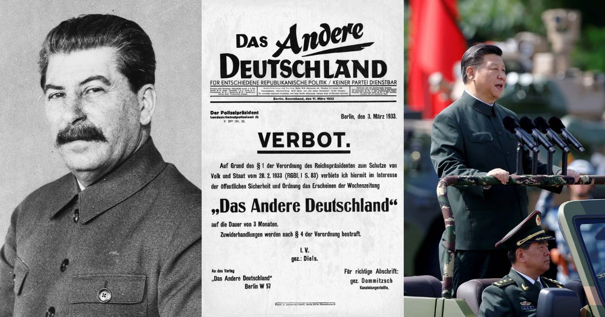 Triptych image showing three symbols of authoritarian repression. Left: a portrait of Joseph Stalin. Center: a 1933 Nazi-era German newspaper banning “Das Andere Deutschland” under legal decree. Right: Xi Jinping standing in a military parade vehicle, flanked by Chinese officers, with red flags in the background. The composition links legalistic censorship and modern authoritarian governance across regimes.
