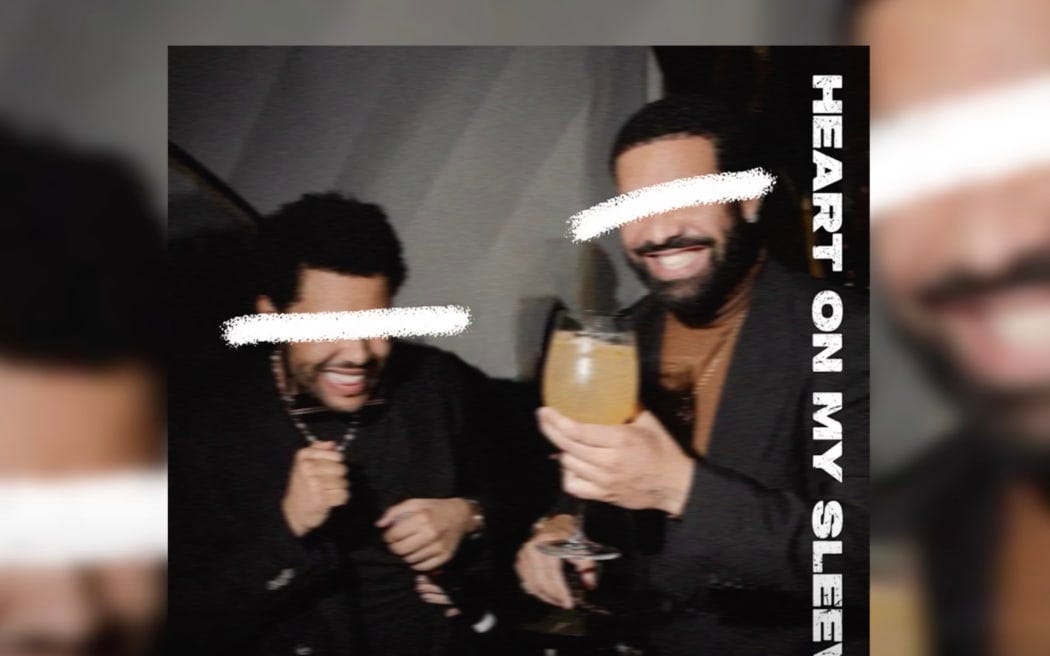 An image from the AI-generated song 'Heart On My Sleeve' circulating online, featuring computer recreations of the voices of Drake and the Weeknd. Music companies have been asked to remove the song. An image from the AI-generated song 'Heart On My Sleeve' circulating online, featuring computer recreations of the voices of Drake and the Weeknd. Music companies have been asked to remove the song.
