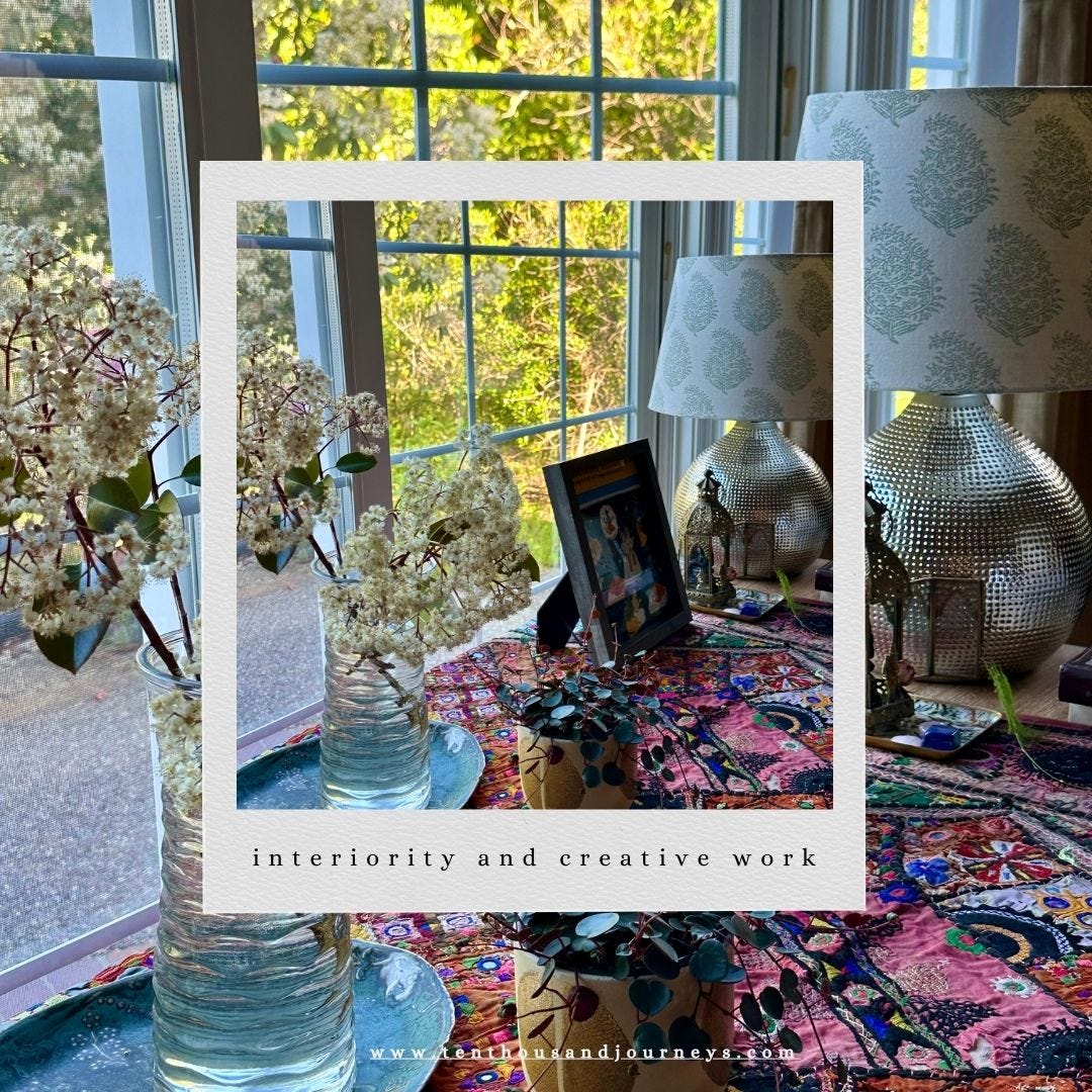 Writer’s desk with vintage tapestry and decorative objects