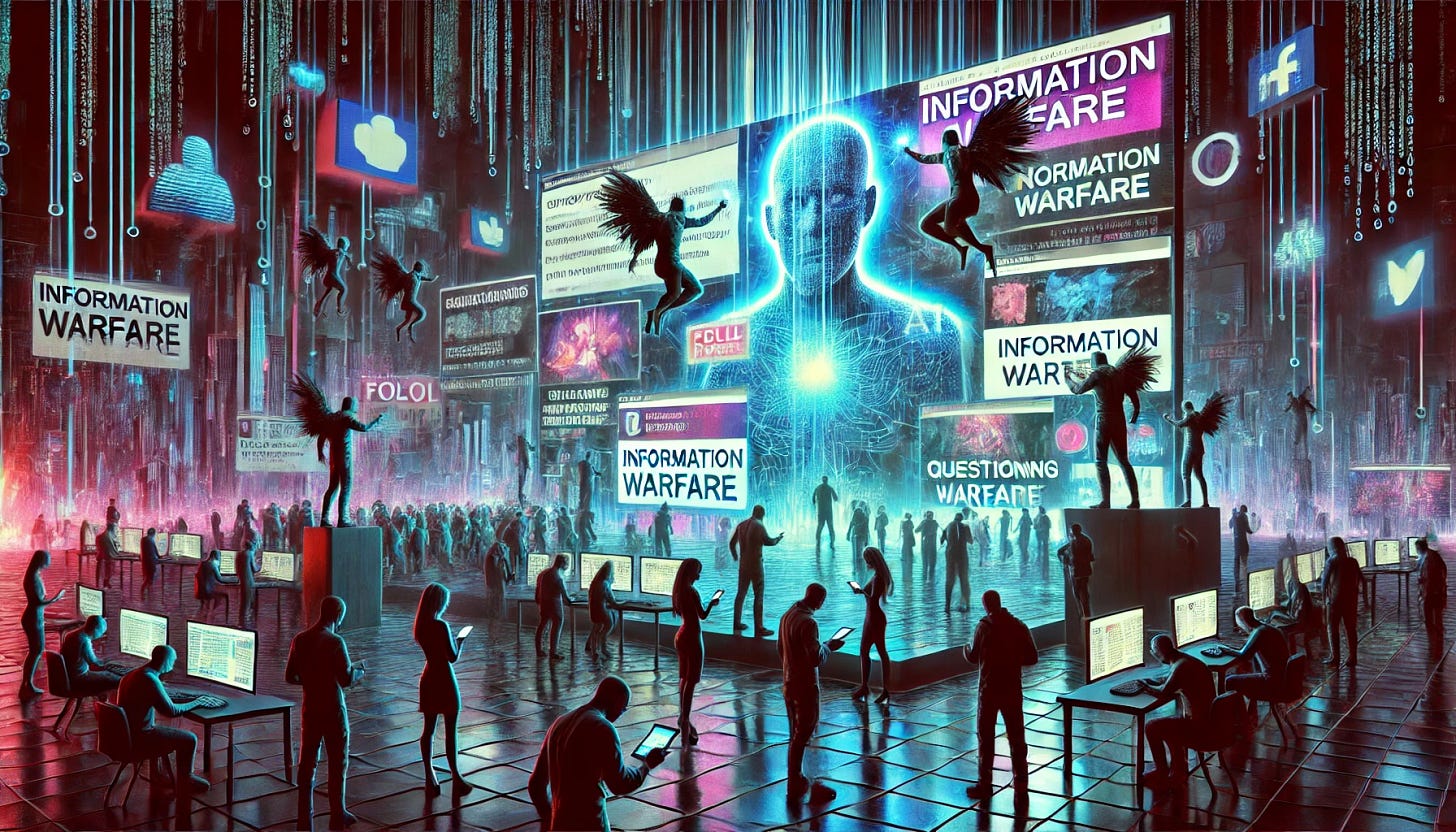 A cyberpunk-style digital battlefield depicting information warfare. The scene includes shadowy figures representing governments, corporations, and intelligence agencies manipulating massive screens filled with social media feeds and news headlines. AI-powered bots and trolls swarm around, amplifying false narratives. Below, people are divided into echo chambers, with some blindly following trends while a few individuals break free, questioning reality. A futuristic cityscape in the background is illuminated by glowing digital symbols representing the flow of data. The atmosphere is dark and dystopian, symbolizing the war for perception and consciousness.