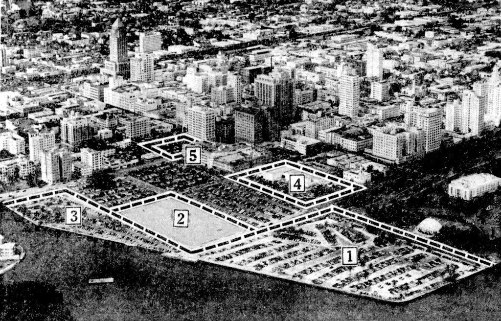 Aerial of Dupont Plaza in downtown Miami in 1955 prior to the removal of the banyan tree. Numbers represent locations of planned new buildings. Aerial of Dupont Plaza in downtown Miami in 1955 prior to the removal of the banyan tree. Numbers represent locations of planned new buildings.