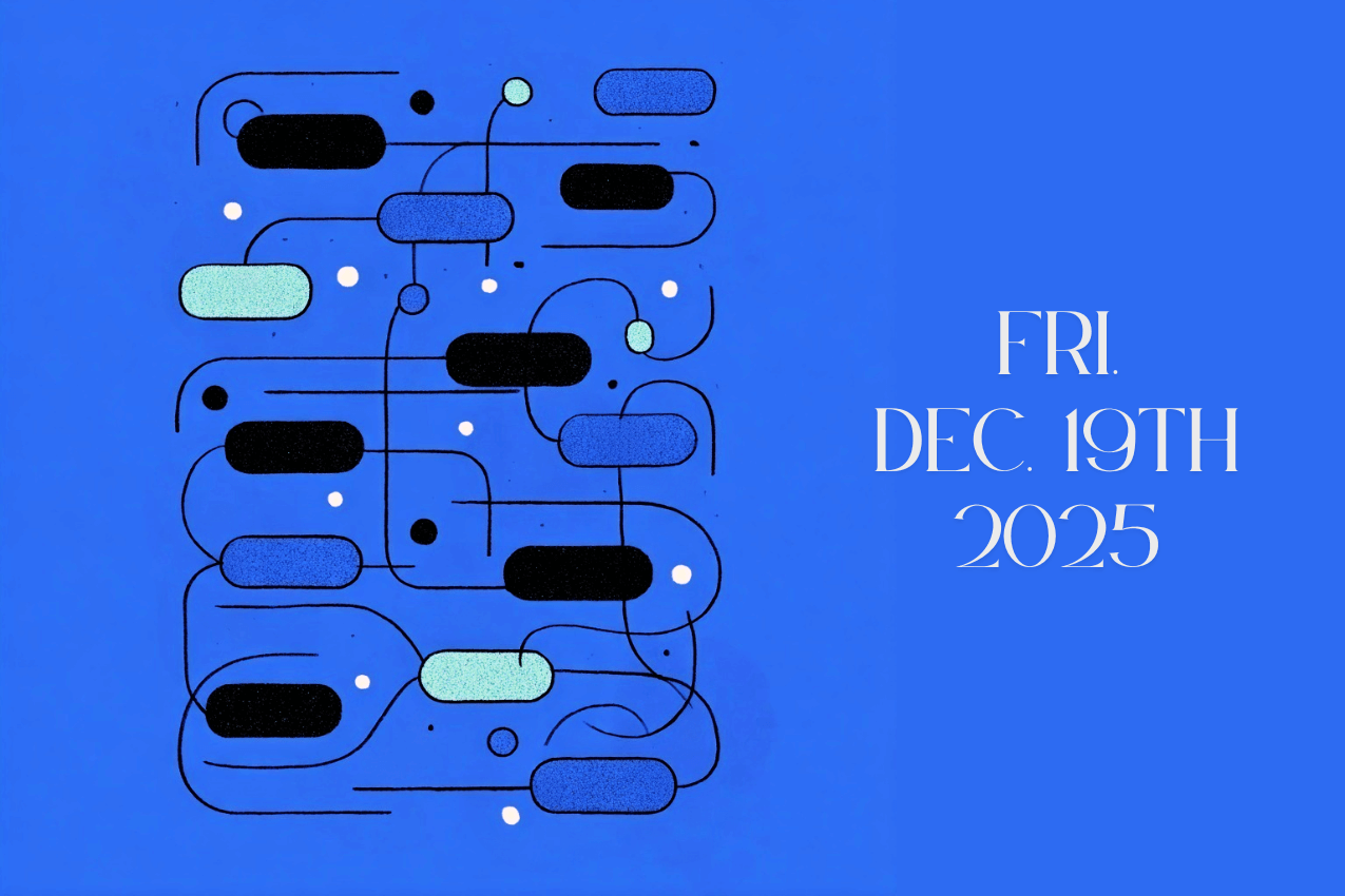 A stylized graphic for the "In Other Words" puzzle section, featuring a network of rounded rectangular nodes in various contrasting tones. The shapes are interconnected by a web of thin, swirling lines and small circular accents, mimicking a complex logic map or a connections puzzle. To the right, text reads "FRI. DEC. 19TH 2025.”