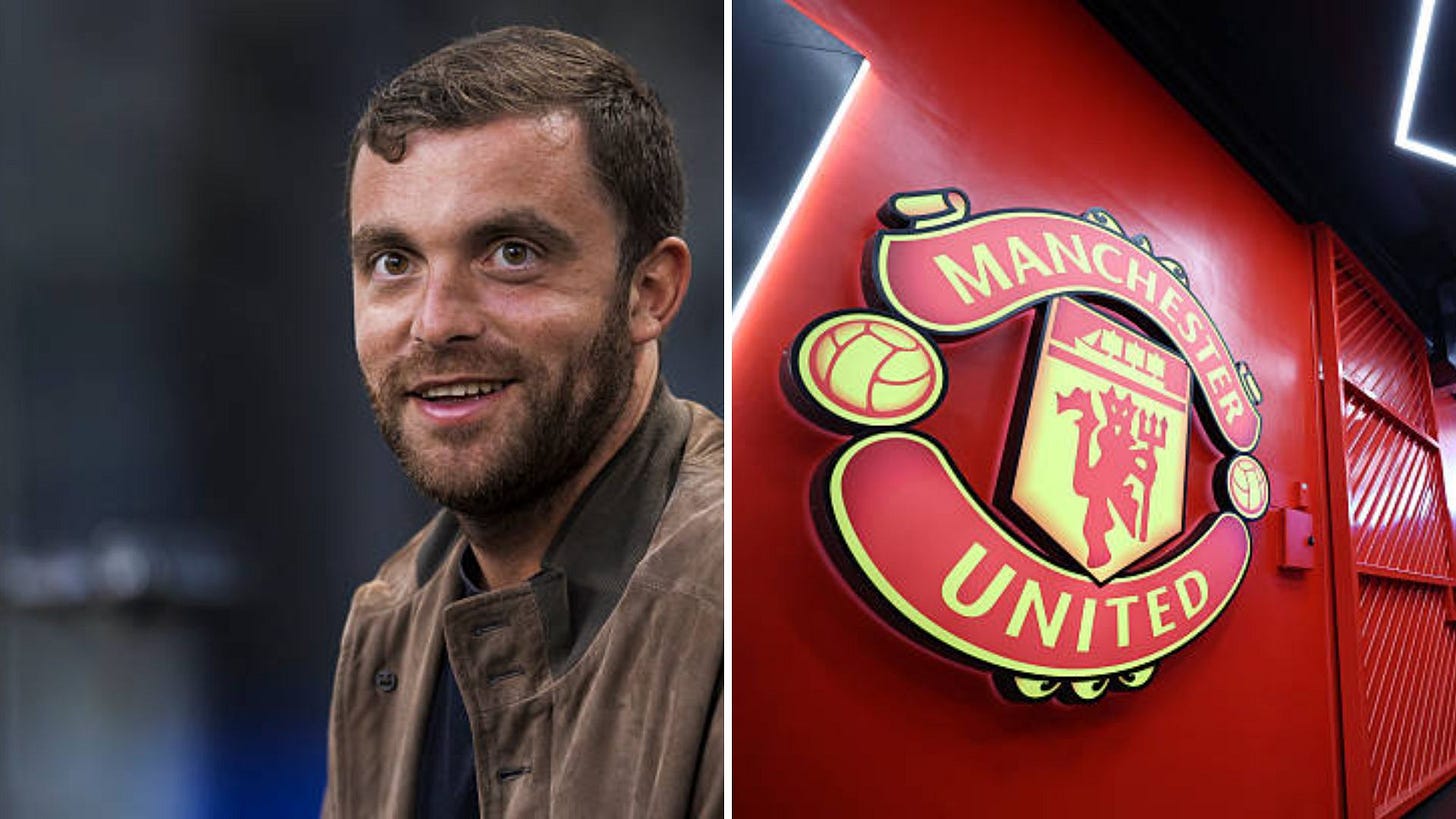 Split image of Fabrizio Romano and Manchester United badge