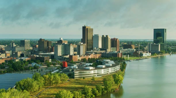 morning sunlight shining on downtown toledo, ohio - aerial - toledo ohio stock pictures, royalty-free photos & images