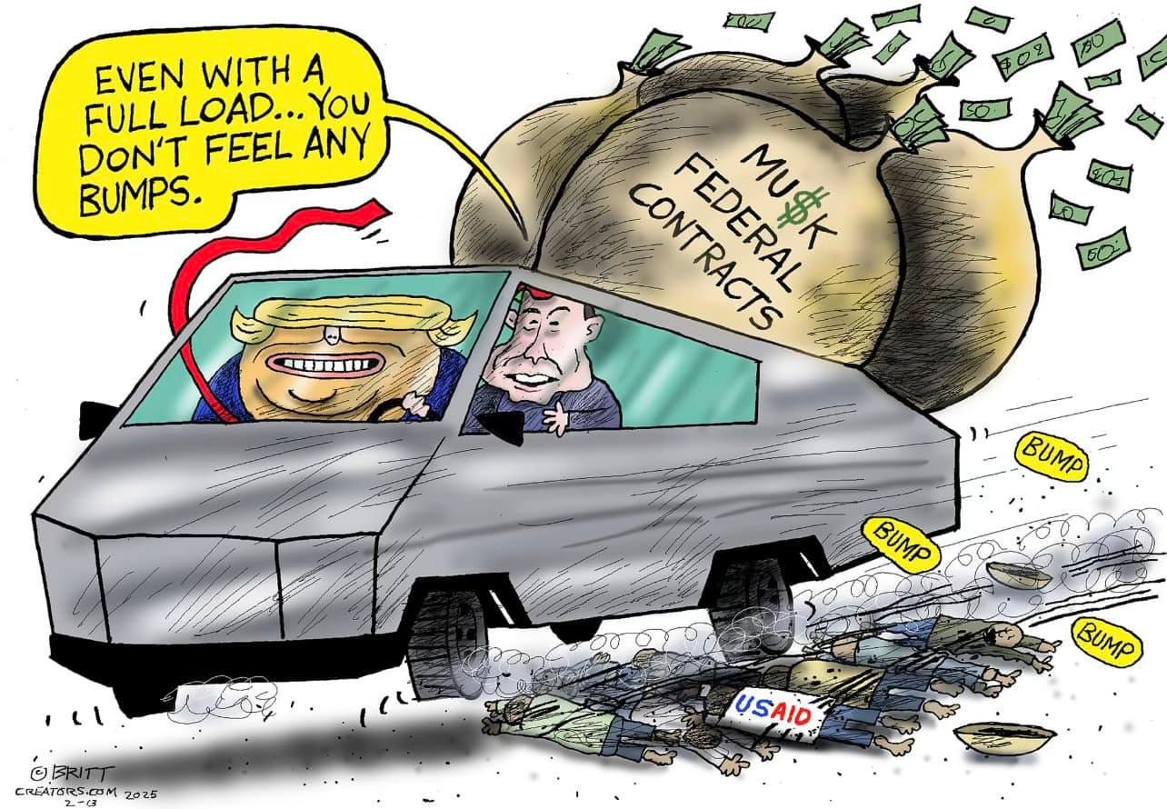 May be a doodle of ‎text that says '‎EVEN WITH A FULL LOAD.. FULLLOAD... ..Υου DON'T FEEL ANY BUMPS. I" 加 "I CONTRACTS FEDERAL MU$K BUMP 人然 ©BRITT CREATORS.COM 2025 USAID "שין BUMP‎'‎