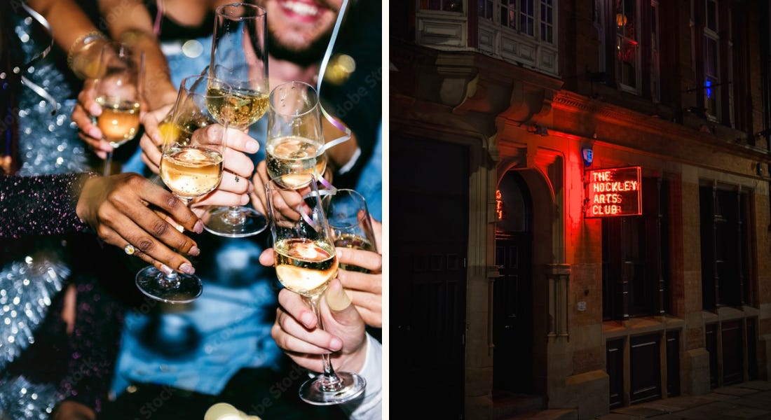 Two pictures - one of a group of friends clinking prosecco glasses and one of a dark bar entrance with a red neon sign that says 'The Hockley Arts Club' Two pictures - one of a group of friends clinking prosecco glasses and one of a dark bar entrance with a red neon sign that says 'The Hockley Arts Club'