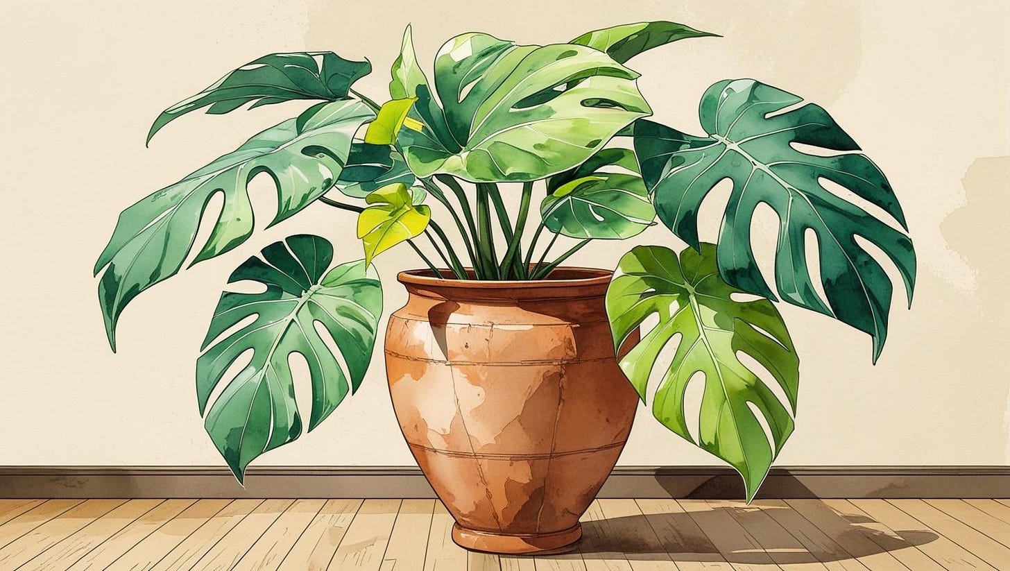 Ilustração em estilo aquarela de uma Monstera deliciosa (conhecida como costela-de-adão) em um vaso alto de terracota em formato de ânfora, apoiado sobre um piso de madeira. A planta tem folhas grandes, com veias bem marcadas e as características fenestrações (aberturas), representadas em tons de verde-escuro e verde-limão mais claro, com toques de amarelo nas folhas que estão surgindo. O vaso de terracota apresenta uma textura levemente rústica, com variações sutis de tonalidade e acabamento fosco. O fundo é de um bege suave e discreto.
