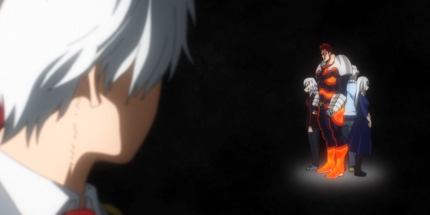 Shoto looks over his shoulder at his family