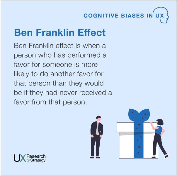A picture with two people and a gift, as well as the words “Ben franklin Effect: a person who has performed a favor for someone is more likely to do another favor for that person.”