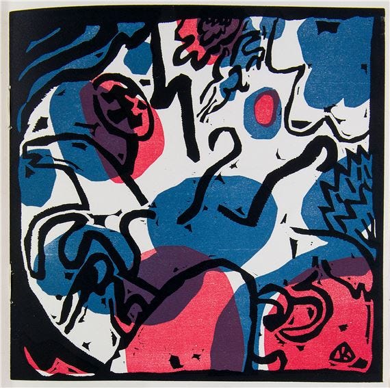 A bold, abstract composition featuring a reclining figure in a dynamic pose against a vibrant background.
