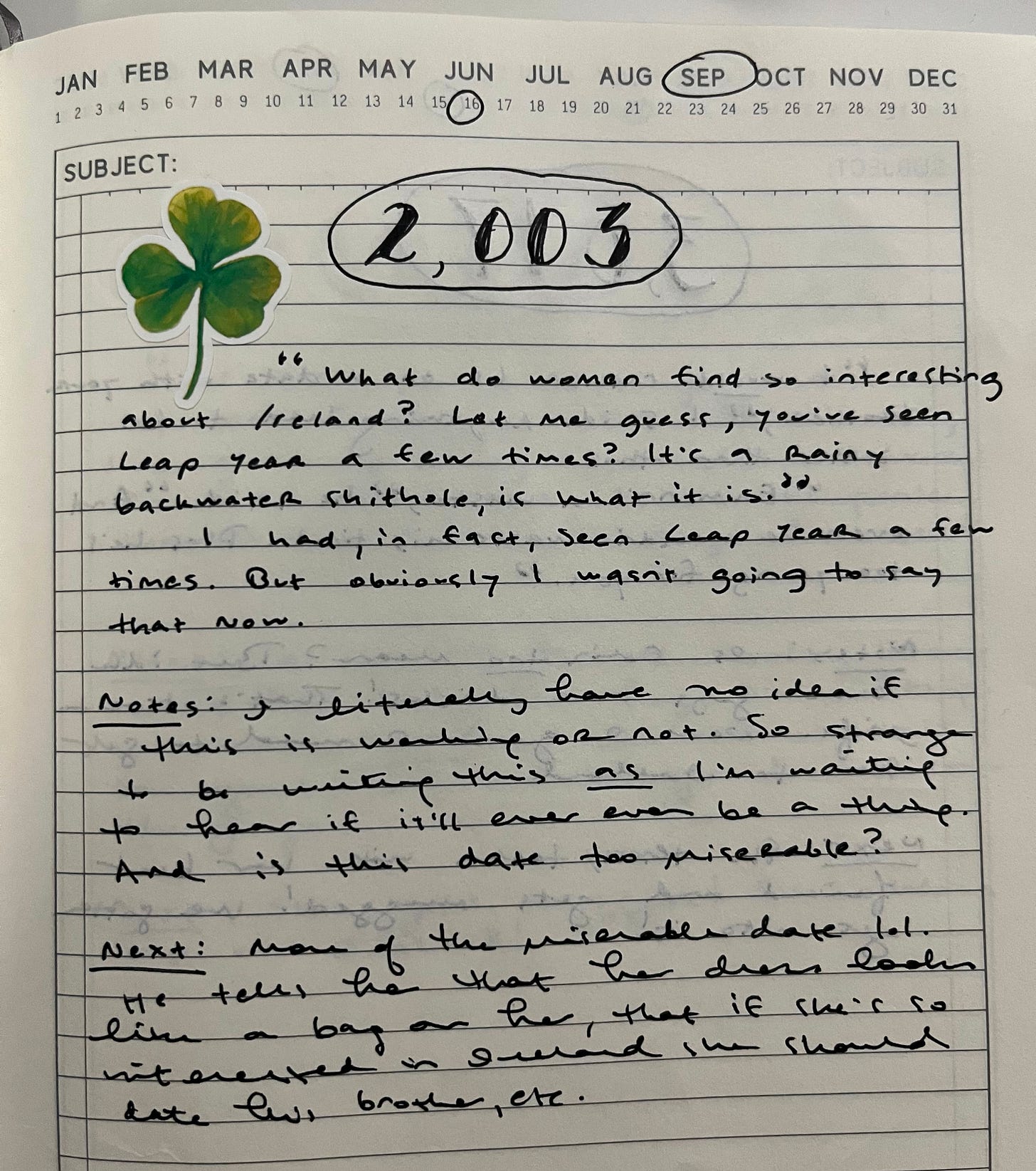 Photo of notebook page with September 16 circled as date, a sticker of a three-leaf clover, the number 2003, and then this quote: "What do women find so interesting about Ireland? Let me guess, you've seen Leap Year a few times? It's a rainy backwater shithole, is what it is." I had, in fact, seen Leap Year a few times. But obviously I wasn't going to say that now." Then there are Notes: "I literally have no idea if this is working or not. So strange to be writing this as I'm waiting to hear if it'll even be a thing. And is this date too miserable?" Finally, Next: "More of the miserable date lol. He tells her that her dress looks like a bag on her, that if she's so interested in Ireland she should date his brother instead, etc."