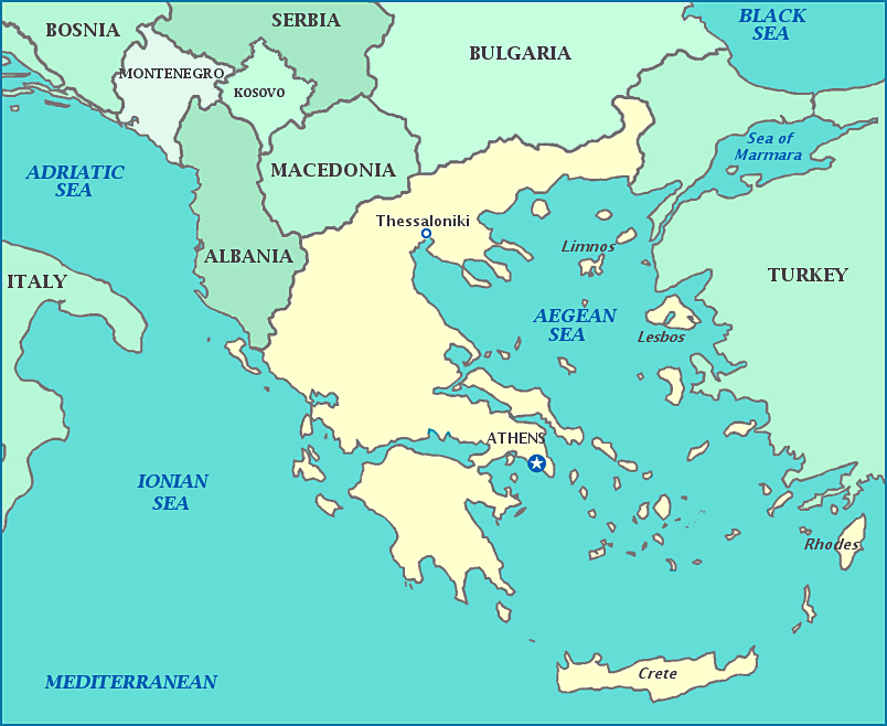 Χάρτης της Ελλάδας — Ο χάρτης της Ελλάδας δείχνει πόλεις και νησιά στο Αιγαίο, το Ιόνιο και τη Μεσόγειο
