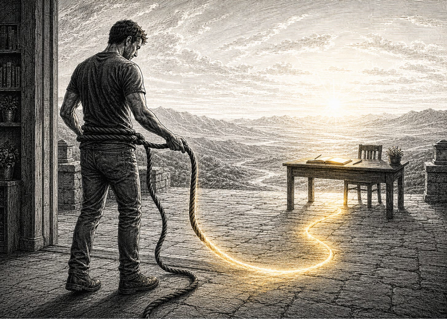 A man unties a rope from his waist as it becomes a glowing path toward a quiet work desk. A man unties a rope from his waist as it becomes a glowing path toward a quiet work desk.