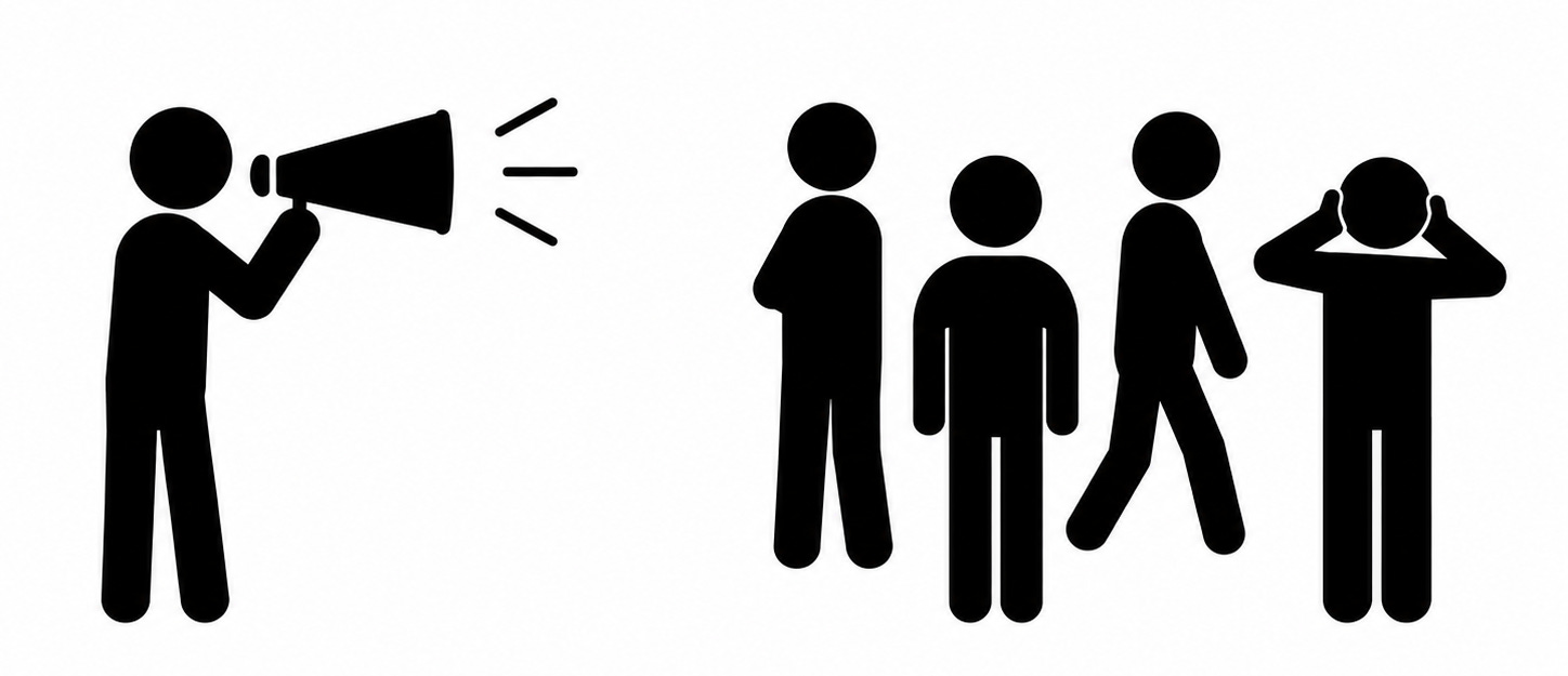 A figure holds a megaphone and broadcasts to a group of four people, one of whom is walking away and another covering their ears