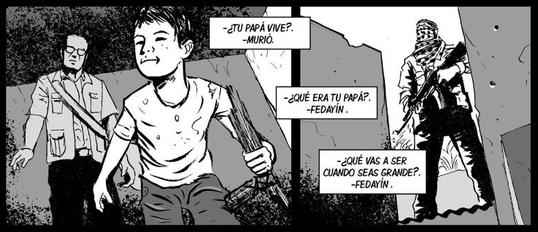 Two frames from RW: Rodolfo Walsh en Historietas, Gonzalo Penas and CJ Camba: Walsh follows a Palestinian child and a fida'i stands holding a rifle