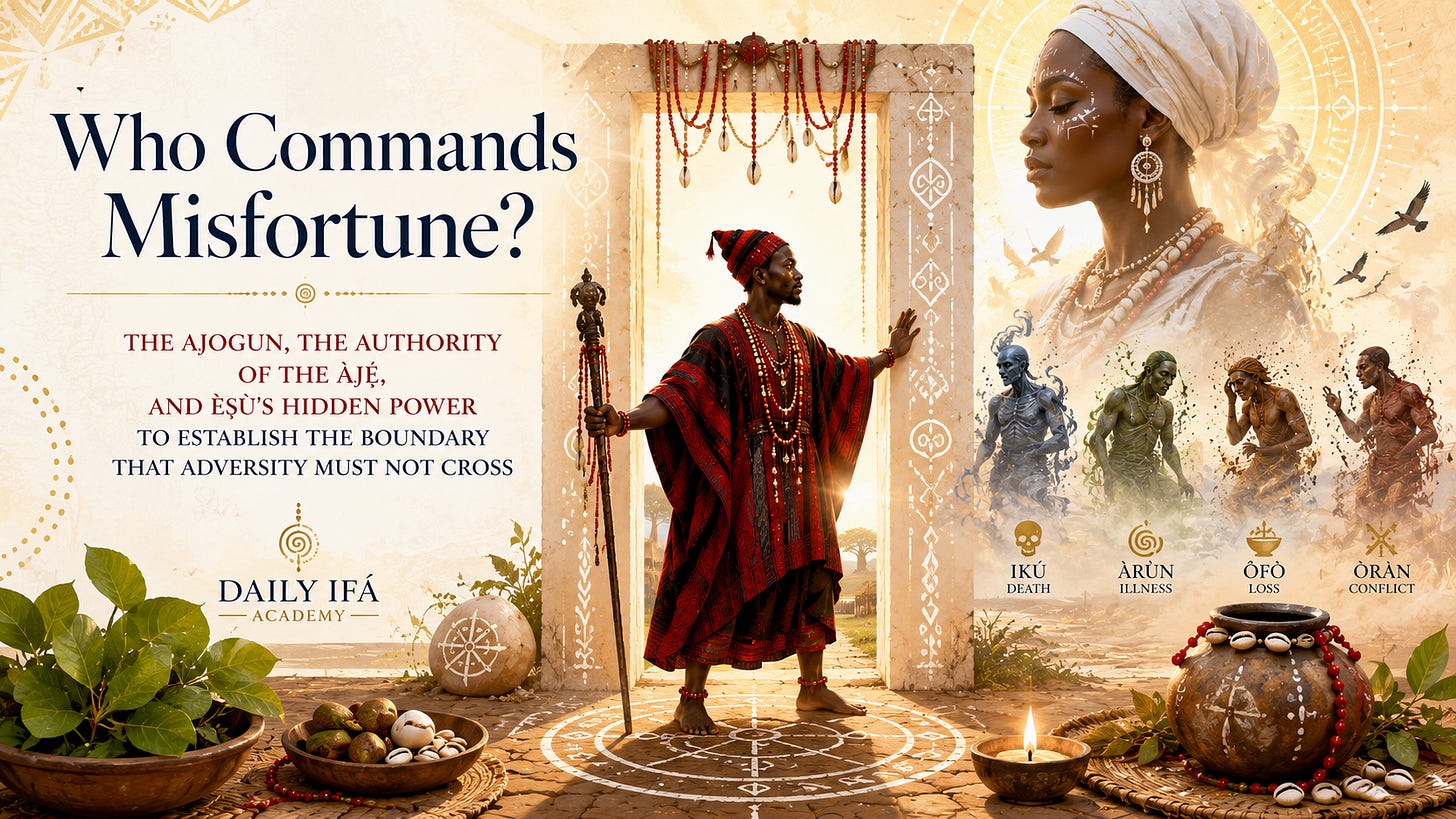 A bright 16:9 Yoruba-inspired spiritual illustration titled “Who Commands Misfortune?” shows Èṣù standing at a sacred doorway as guardian of the threshold. Above and behind him, a luminous feminine figure represents the Àjẹ́, while four symbolic figures represent Ikú, Àrùn, Òfò, and Òràn. Ritual vessels, cowries, leaves, and geometric sacred markings surround the scene in warm ivory, gold, red, and indigo tones. A bright 16:9 Yoruba-inspired spiritual illustration titled “Who Commands Misfortune?” shows Èṣù standing at a sacred doorway as guardian of the threshold. Above and behind him, a luminous feminine figure represents the Àjẹ́, while four symbolic figures represent Ikú, Àrùn, Òfò, and Òràn. Ritual vessels, cowries, leaves, and geometric sacred markings surround the scene in warm ivory, gold, red, and indigo tones.