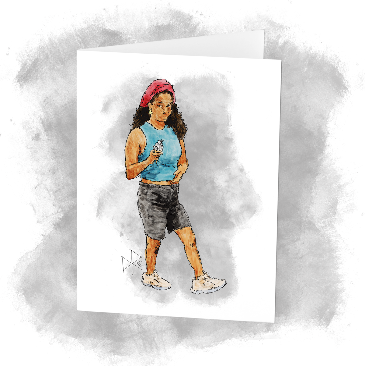 A girl wearing shorts and a tank top walks with a soft-serve cone in her hand. Sketch art by Don Rice.