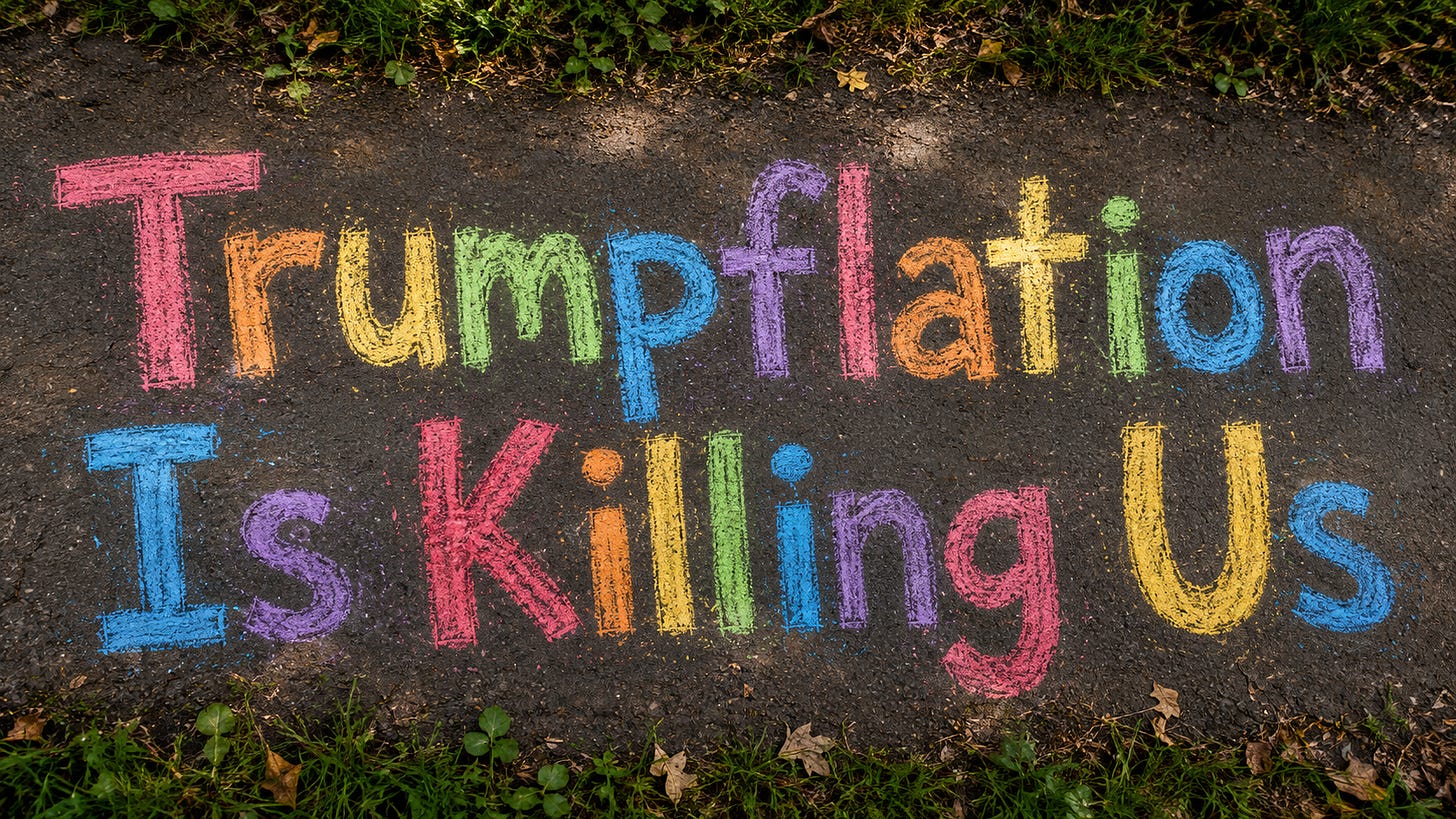 Top-down view of a nature-trail walkway with Trumpflation Is Killing Us written in large multicolored chalk letters.