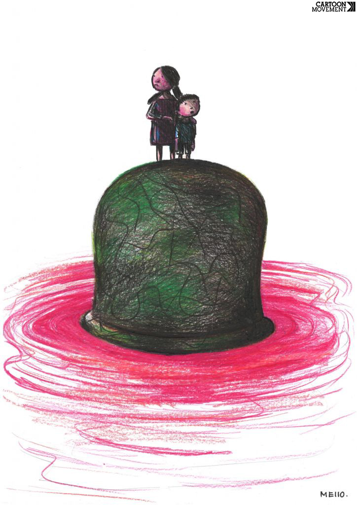 Cartoon showing two children standing on a large soldier's helmet. The helmet is an island in the middle of a sea of blood.