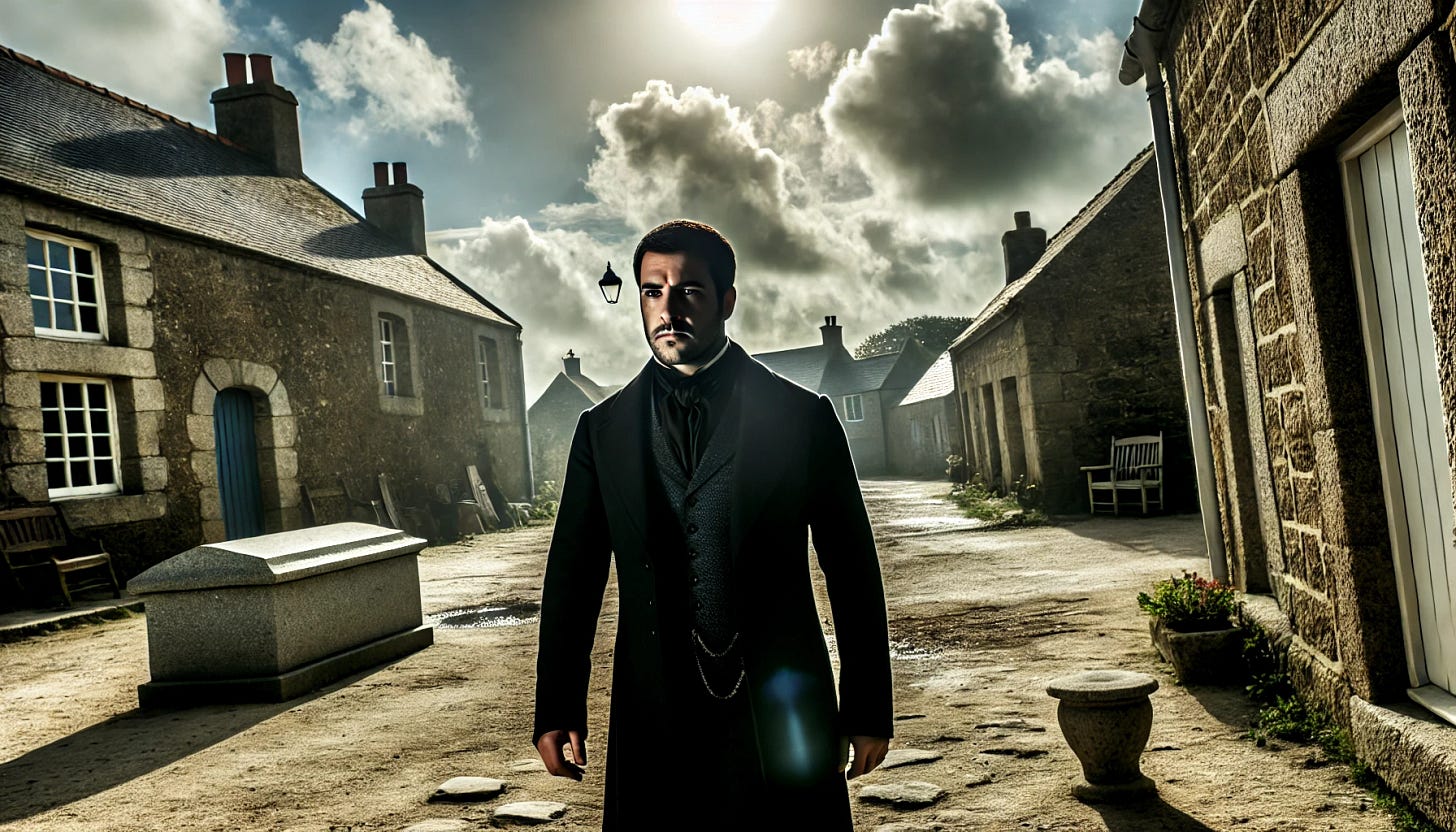 A solemn village scene under a partly cloudy sky, with the sun's bright light breaking through, casting long shadows across the streets. In the center, a skilled undertaker walks through the cobblestone streets, dressed in dark, formal attire. His expression is serious and focused, reflecting the heavy responsibility he has been asked to take on. The village around him is quiet, with old stone buildings and narrow streets. There is an air of mystery and unease, as if something larger is at play. The undertaker is deep in thought, his careful eyes surveying the scene ahead, unsure of the task before him.