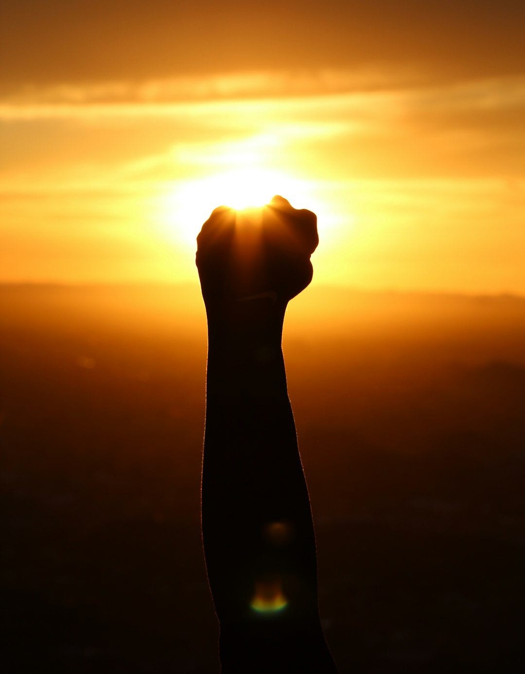 silhouette of person fist during sunset
