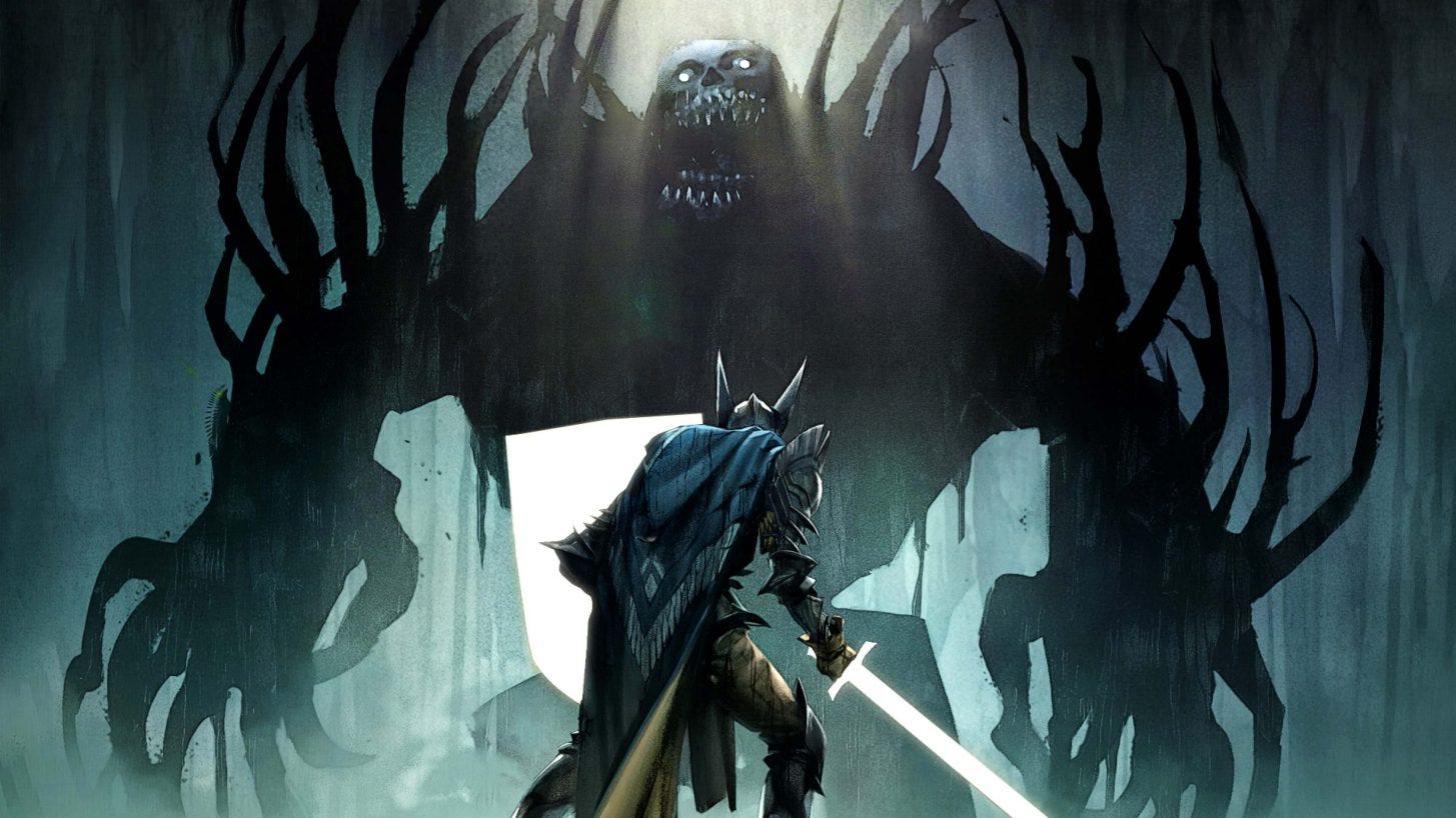 An illustration of a weary Grey Warden standing before a hulking darkspawn, shield raised. An illustration of a weary Grey Warden standing before a hulking darkspawn, shield raised.