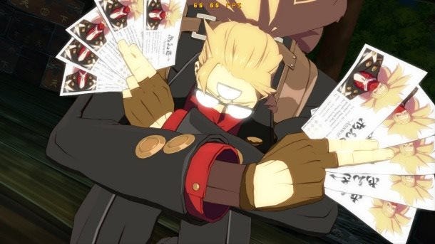 A screenshot from Xrd Rev2. Answer is holding fans of business cards in both hands and lunging towards the viewer.