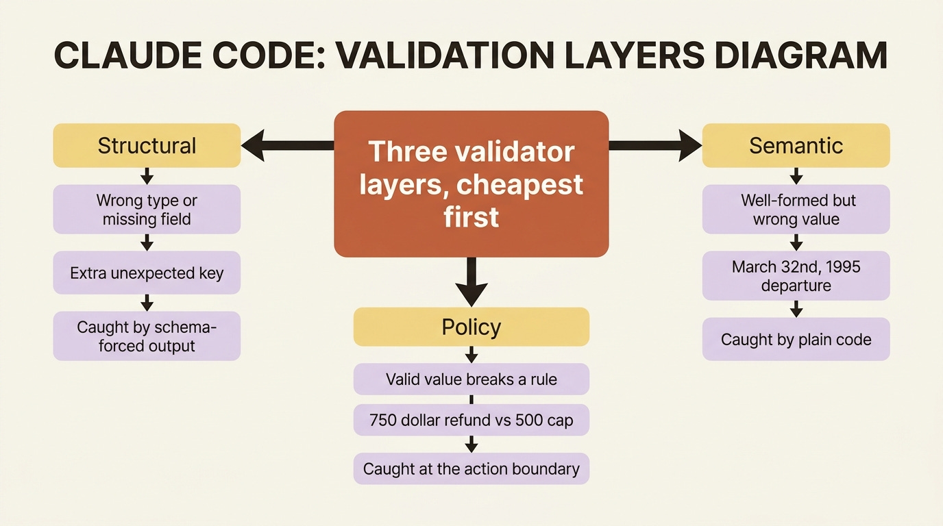 Three validator layers, cheapest first: structural catches wrong shape, semantic catches wrong value, and policy catches a valid value that breaks a business rule. Three validator layers, cheapest first: structural catches wrong shape, semantic catches wrong value, and policy catches a valid value that breaks a business rule.