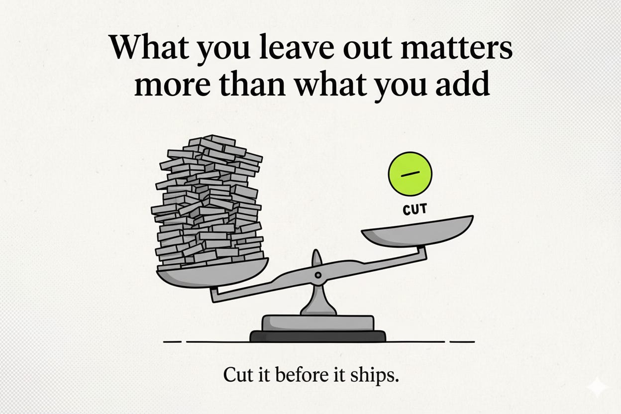 Editorial illustration: a balance scale tipping heavily left under a stack of unlabeled blocks; the right pan holds a single small circle with a minus sign, labeled “CUT.”