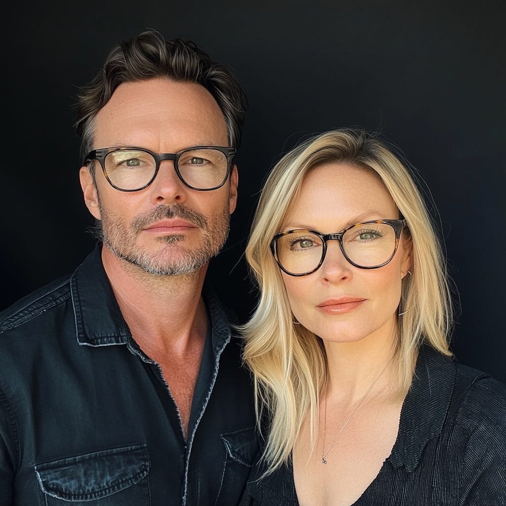 Mark and Samantha, the hosts of The Liat Show Podcast, reimagined by MidJourney, as a stylish, modern couple wearing glasses, dressed in black, against a dark backdrop. A bold AI-generated portrait reflecting a contemporary aesthetic.