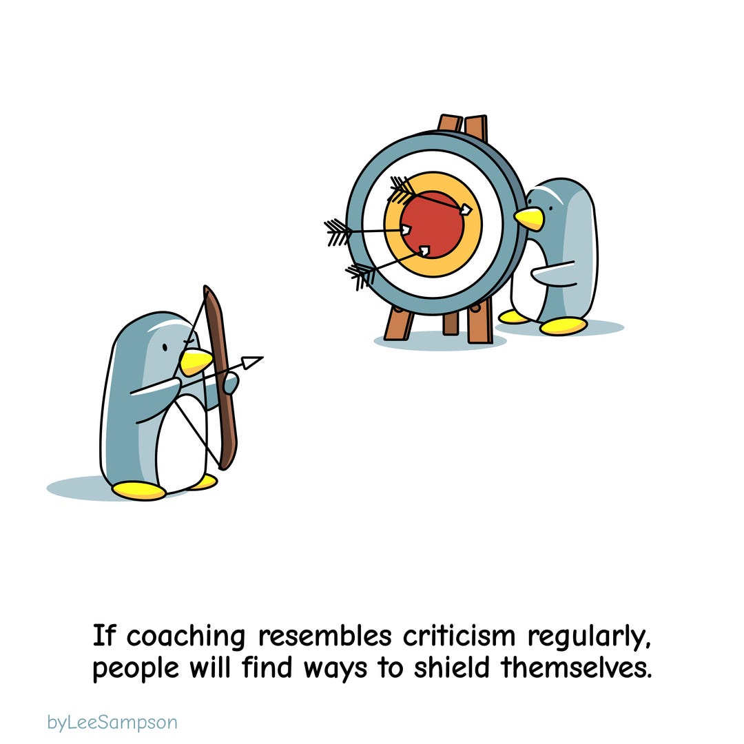 A leadership cartoon featuring penguins diferrentiating between coaching and criticism by Lee Sampson.