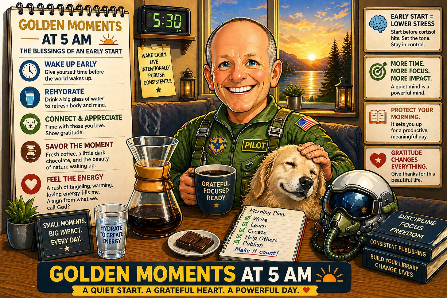 Wide digital caricature of a smiling bald man in a green pilot suit enjoying a peaceful early morning at 5:30 AM. He sits at a cozy desk with a Chemex coffee brewer, a mug, water, and dark chocolate, gently resting his hand on a sleepy golden dog. A sunrise glows through the window with a helicopter in the sky, while surrounding notes highlight habits like hydration, gratitude, focus, and quiet reflection. A banner reads “Golden Moments at 5 AM,” emphasizing a calm, intentional start to the day. Wide digital caricature of a smiling bald man in a green pilot suit enjoying a peaceful early morning at 5:30 AM. He sits at a cozy desk with a Chemex coffee brewer, a mug, water, and dark chocolate, gently resting his hand on a sleepy golden dog. A sunrise glows through the window with a helicopter in the sky, while surrounding notes highlight habits like hydration, gratitude, focus, and quiet reflection. A banner reads “Golden Moments at 5 AM,” emphasizing a calm, intentional start to the day.