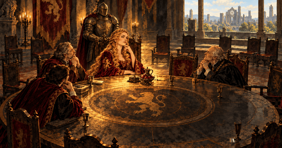Illustration of Cersei Lannister seated at a round council table inlaid with a gold Lannister lion, a towering armored knight standing behind her chair. Three robed advisers lean toward her with hands clasped, nodding, while most of the chairs around the table sit empty. The city skyline shows through the colonnade behind them. Illustration of Cersei Lannister seated at a round council table inlaid with a gold Lannister lion, a towering armored knight standing behind her chair. Three robed advisers lean toward her with hands clasped, nodding, while most of the chairs around the table sit empty. The city skyline shows through the colonnade behind them.