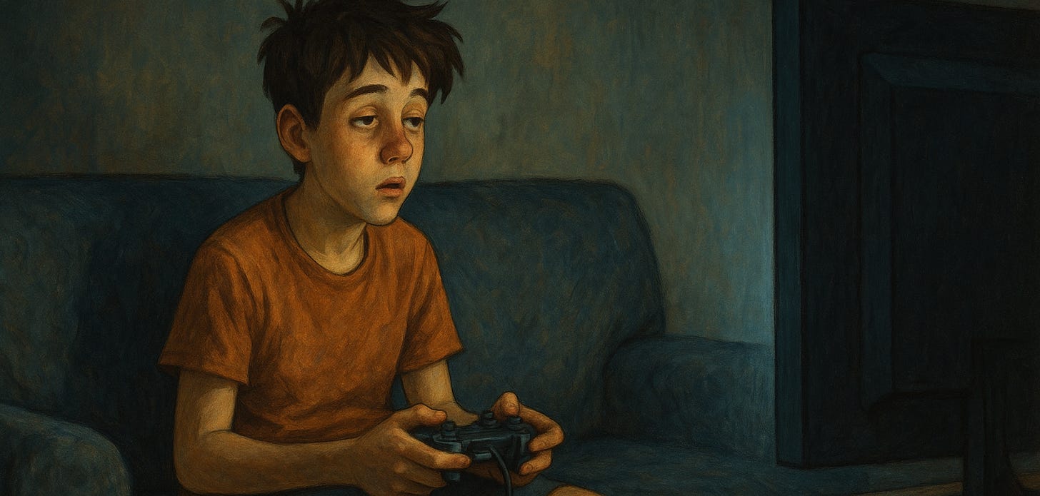 A boy playing video games while sitting on the couch.