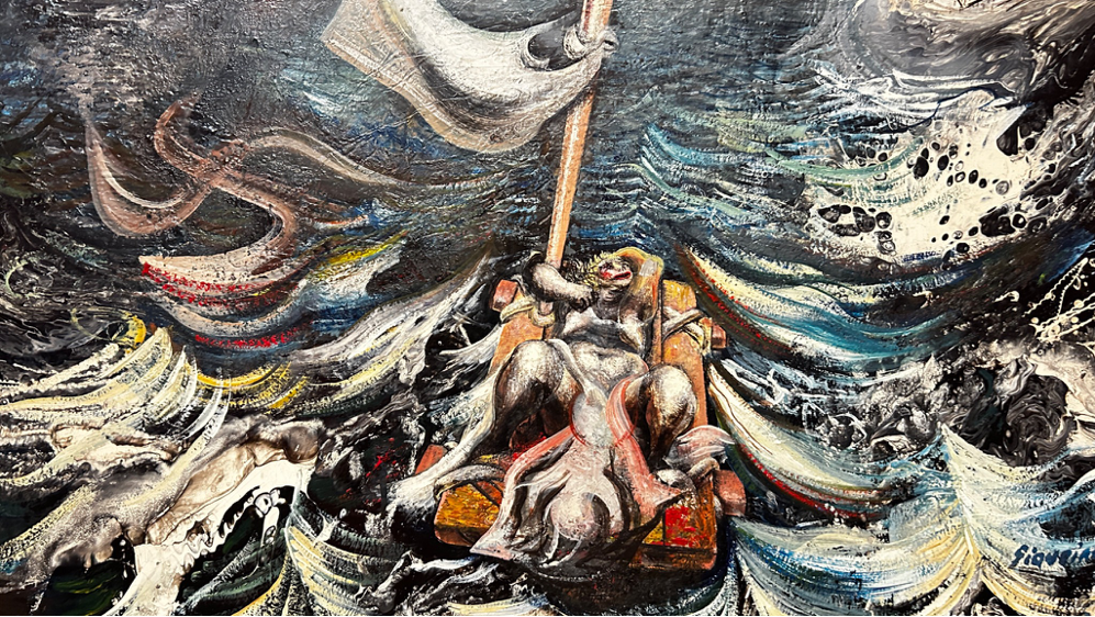 Title: Detalle mural con movimiento turbulento - Description: Figura central en una embarcación rodeada de formas ondulantes y turbulentas.