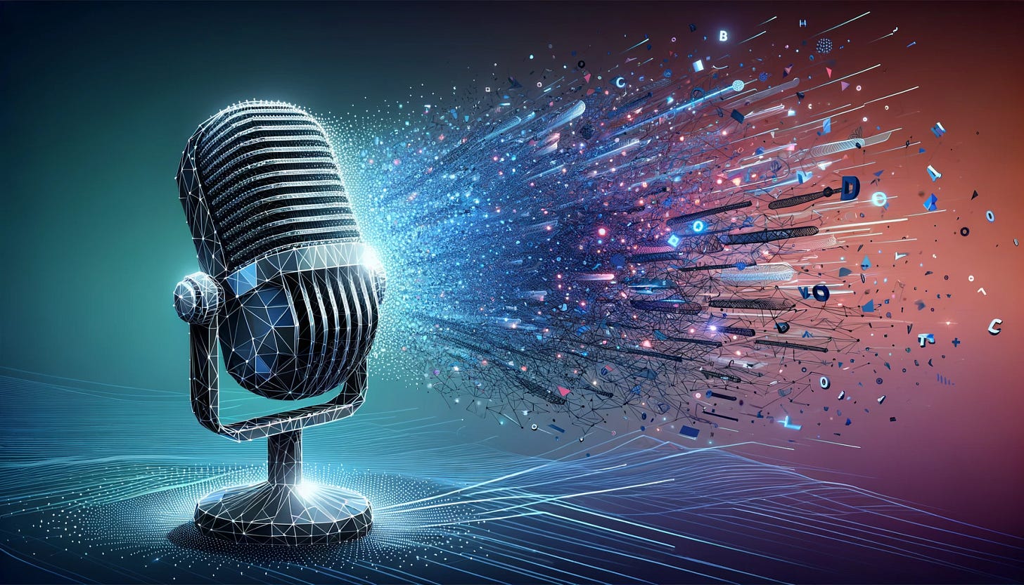 Create a low poly, landscape-oriented illustration that captures the essence of a super fast speech-to-text model. In the scene, a sleek, futuristic microphone is depicted on the left side of the frame. From the microphone, dynamic sound waves emanate, filled with a multitude of low poly letters, symbolizing the rapid conversion of speech to text. The sound waves have a sense of motion and speed, swiftly moving and transforming towards the right side of the frame. The lines and shapes should emphasize the low poly style. The background contains a gradient color that transitions from a cooler shade on the left to a warmer shade on the right, underlining the speed and transformation of the process. Create a low poly, landscape-oriented illustration that captures the essence of a super fast speech-to-text model. In the scene, a sleek, futuristic microphone is depicted on the left side of the frame. From the microphone, dynamic sound waves emanate, filled with a multitude of low poly letters, symbolizing the rapid conversion of speech to text. The sound waves have a sense of motion and speed, swiftly moving and transforming towards the right side of the frame. The lines and shapes should emphasize the low poly style. The background contains a gradient color that transitions from a cooler shade on the left to a warmer shade on the right, underlining the speed and transformation of the process.