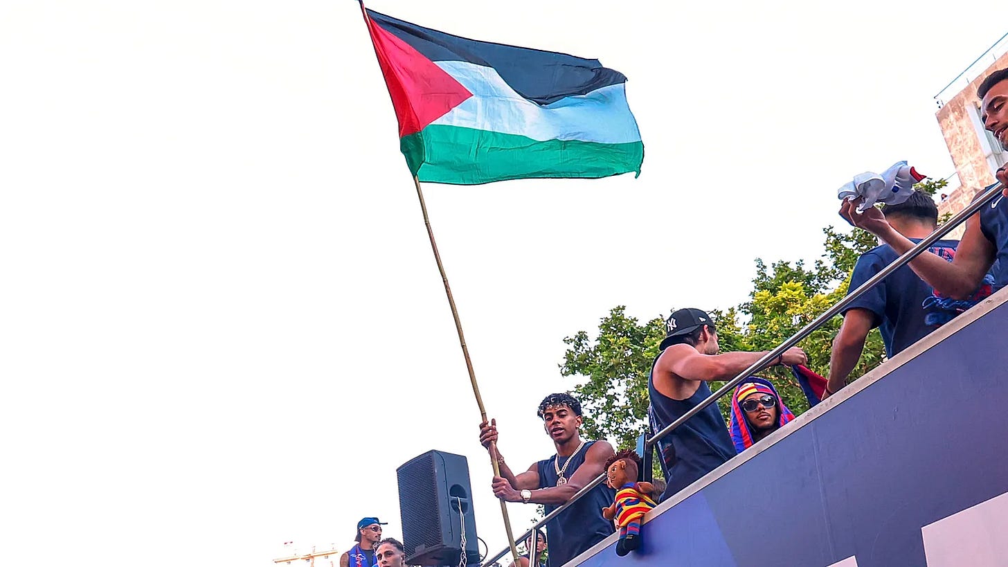 Lamine Yamal did not need a speech. He raised a flag, and the image traveled further than any diplomatic statement. In that moment, Palestine became normal, human, and global — exactly what Israel’s propaganda machine cannot tolerate.