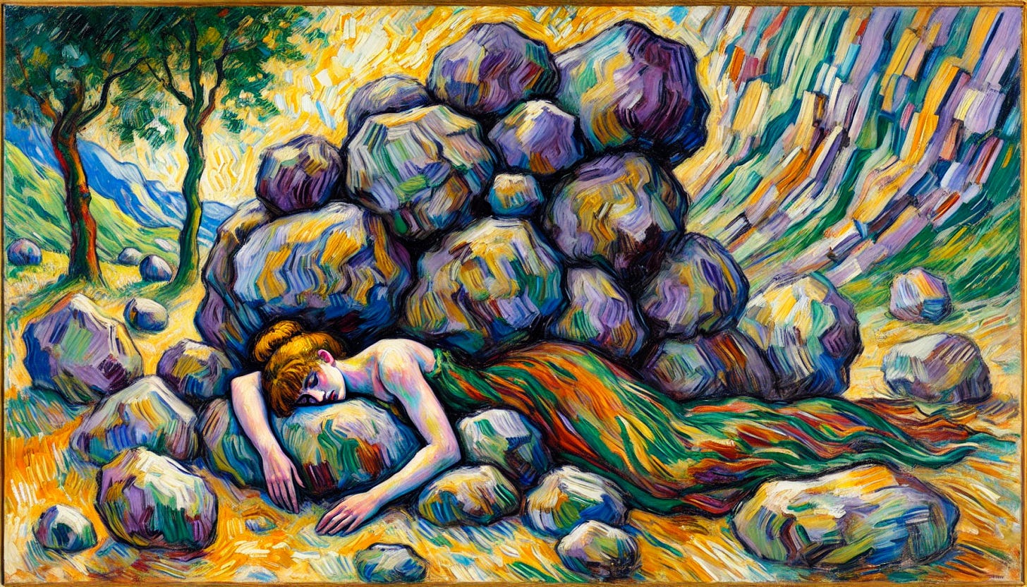 A Fauvist-style painting of a woman lying down with a bed of large, textured boulders resting on top of her. The scene is depicted with vibrant, exaggerated colors and bold, expressive brushstrokes typical of Fauvism. The woman and the boulders are rendered in vivid, contrasting tones, blending with an abstract and colorful background. The landscape orientation emphasizes the emotional intensity and symbolic weight of the scene, with a harmonious yet dramatic composition. The overall style captures the raw energy and emotive power of Fauvist art.